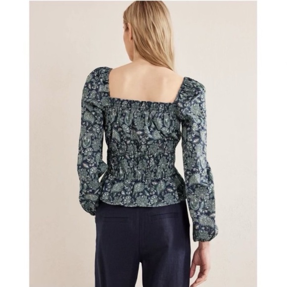 NWOT Boden Ruched Waist Peplum Long Sleeve Cotton Deep Sea Paisley Size 8 - Picture 3 of 12